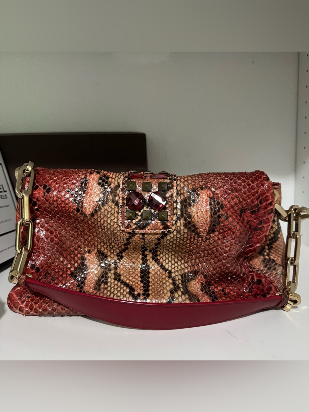 Dior Red Python Embellished Chain-Handle Shoulder Bag - Picture 4 of 8